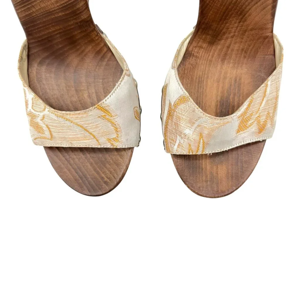 D&G Dolce & Gabbana Gold Damask & Wooden Wedge Sandals
